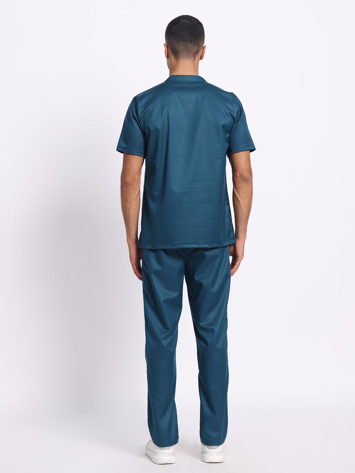 Stretchable (2Way) Men Forest Green Mandarin Neck With Straight Pant Scrub Set