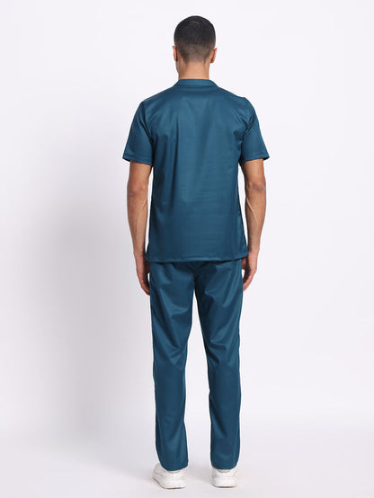 Stretchable (2Way) Men Forest Green Mandarin Neck With Straight Pant Scrub Set