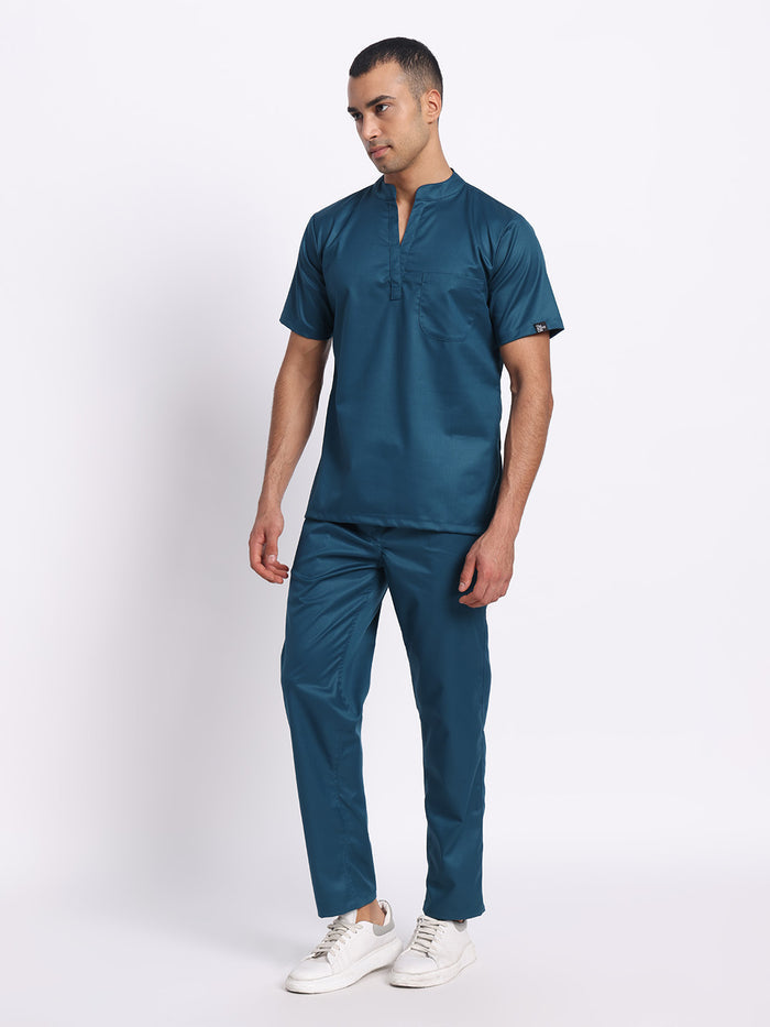Stretchable (2Way) Men Forest Green Mandarin Neck With Straight Pant Scrub Set