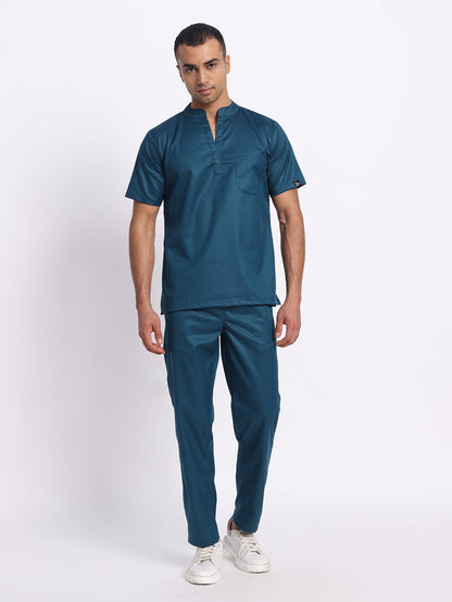 Stretchable (2Way) Men Forest Green Mandarin Neck With Straight Pant Scrub Set