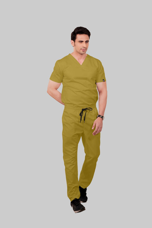 Stretchable (2Way) Men Mustard Mandarin Neck With Straight Pant Scrub Set