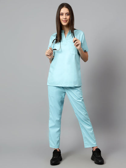 Stretchable (2Way) Women Aqua Blue Mandarin Neck With Straight Pant Scrub Set