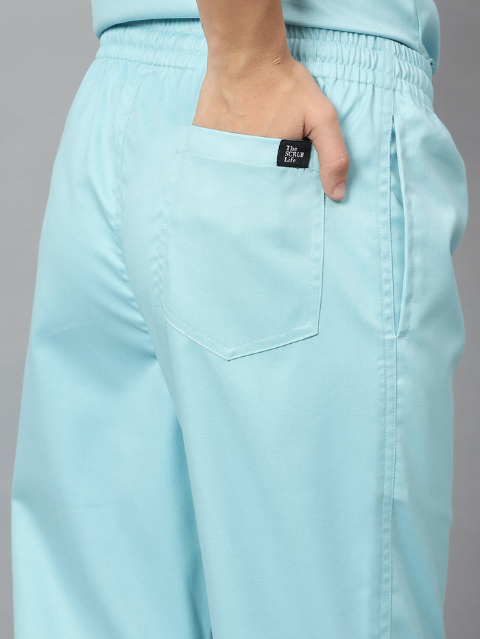 Stretchable (2Way) Women Aqua Blue Mandarin Neck With Straight Pant Scrub Set