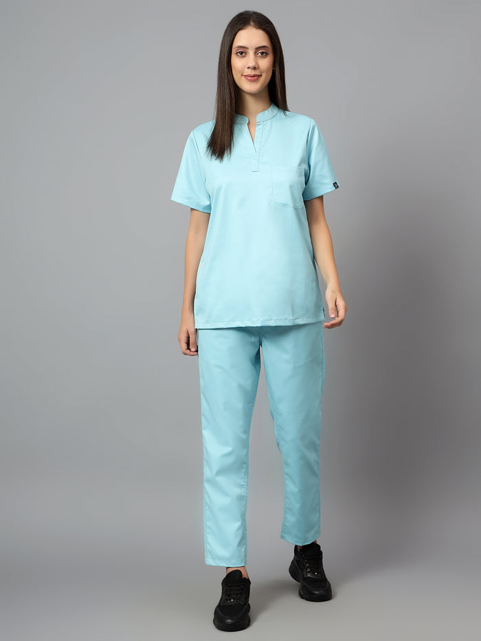 Stretchable (2Way) Women Aqua Blue Mandarin Neck With Straight Pant Scrub Set
