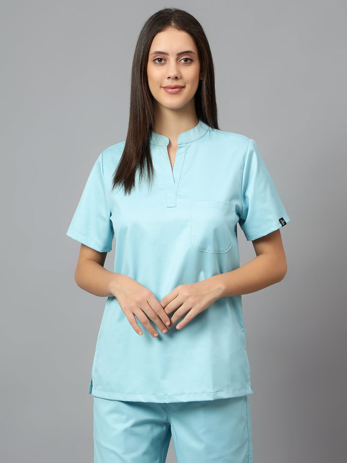 Stretchable (2Way) Women Aqua Blue Mandarin Neck With Straight Pant Scrub Set