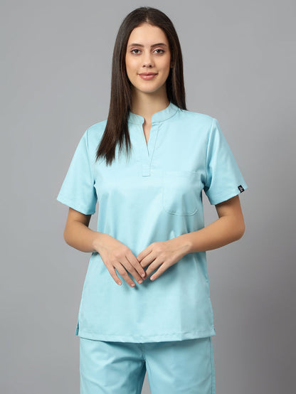 Stretchable (2Way) Women Aqua Blue Mandarin Neck With Straight Pant Scrub Set