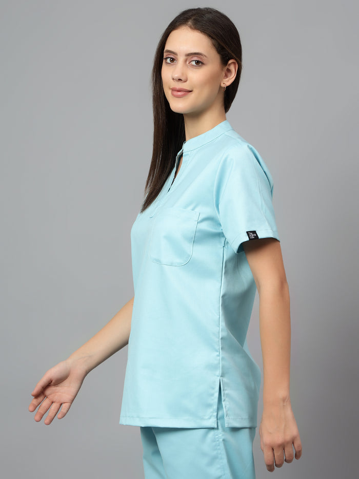 Stretchable (2Way) Women Aqua Blue Mandarin Neck With Straight Pant Scrub Set