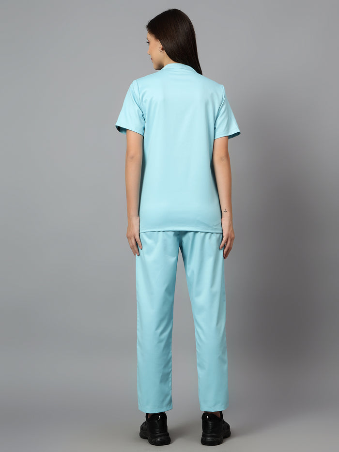 Stretchable (2Way) Women Aqua Blue Mandarin Neck With Straight Pant Scrub Set