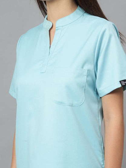 Stretchable (2Way) Women Aqua Blue Mandarin Neck With Straight Pant Scrub Set