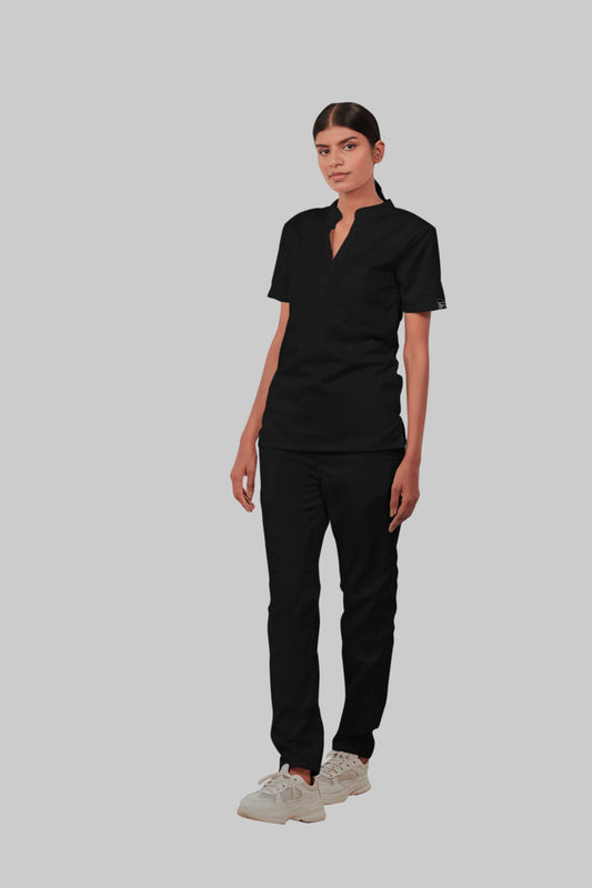 Stretchable (2Way) Women Black Mandarin Neck With Straight Pant Scrub Set