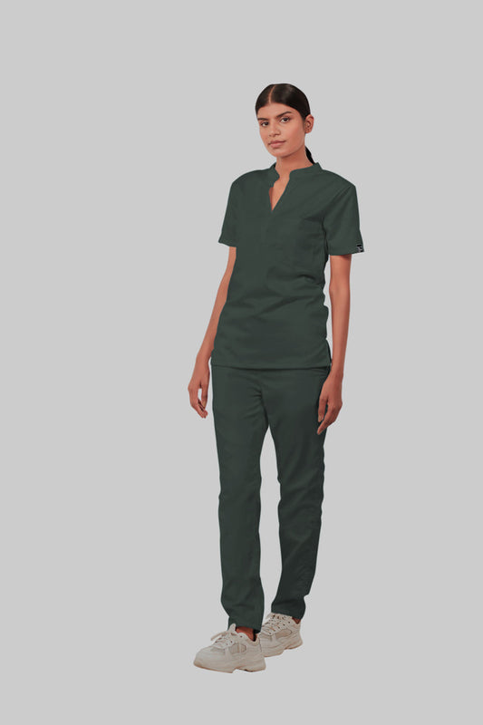 Stretchable (2Way) Women Bottle Green Mandarin With Straight Pant Scrub Set