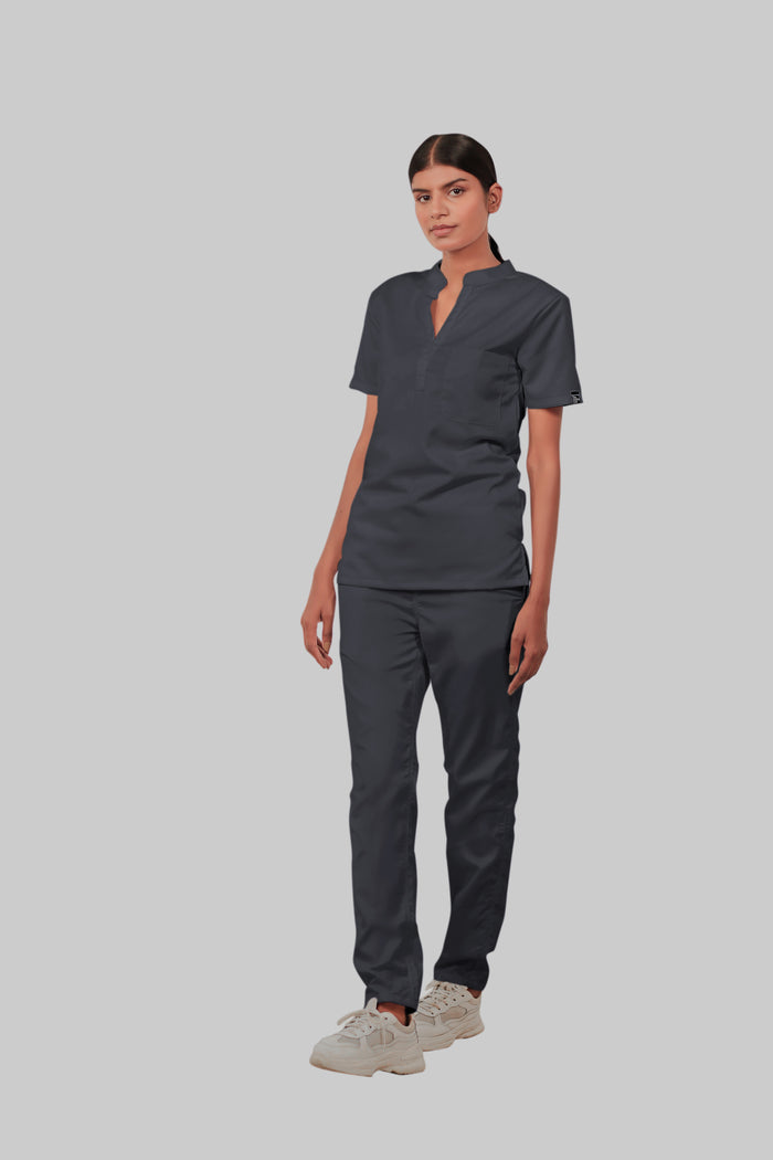 Stretchable (2Way) Women Dark Gray Mandarin Neck With Straight Pant Scrub Set