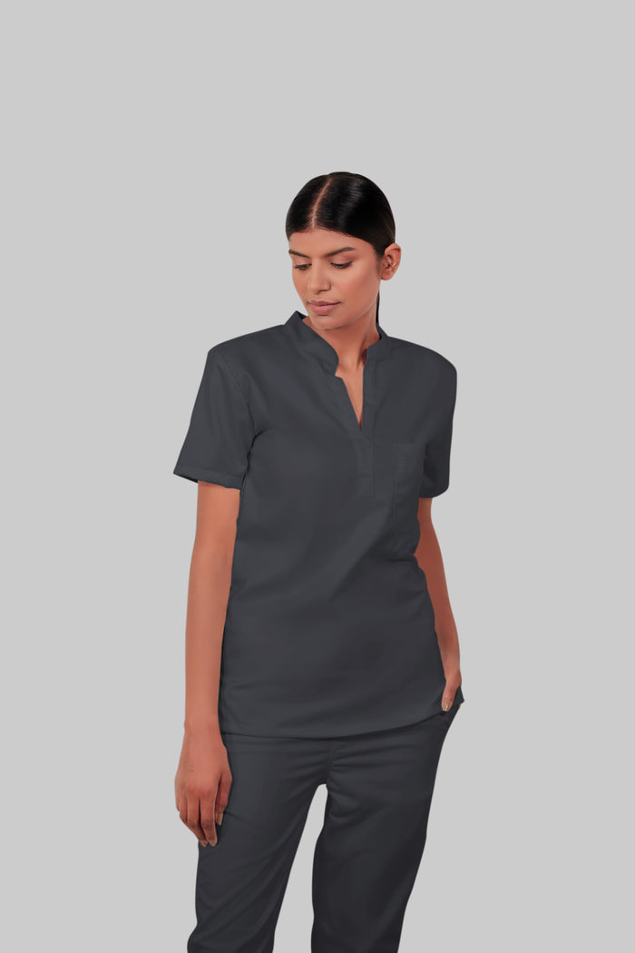 Stretchable (2Way) Women Dark Gray Mandarin Neck With Straight Pant Scrub Set