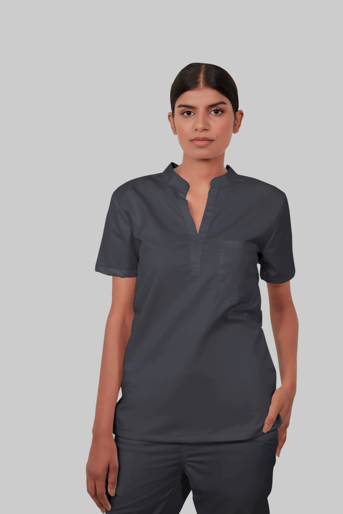 Stretchable (2Way) Women Dark Gray Mandarin Neck With Straight Pant Scrub Set