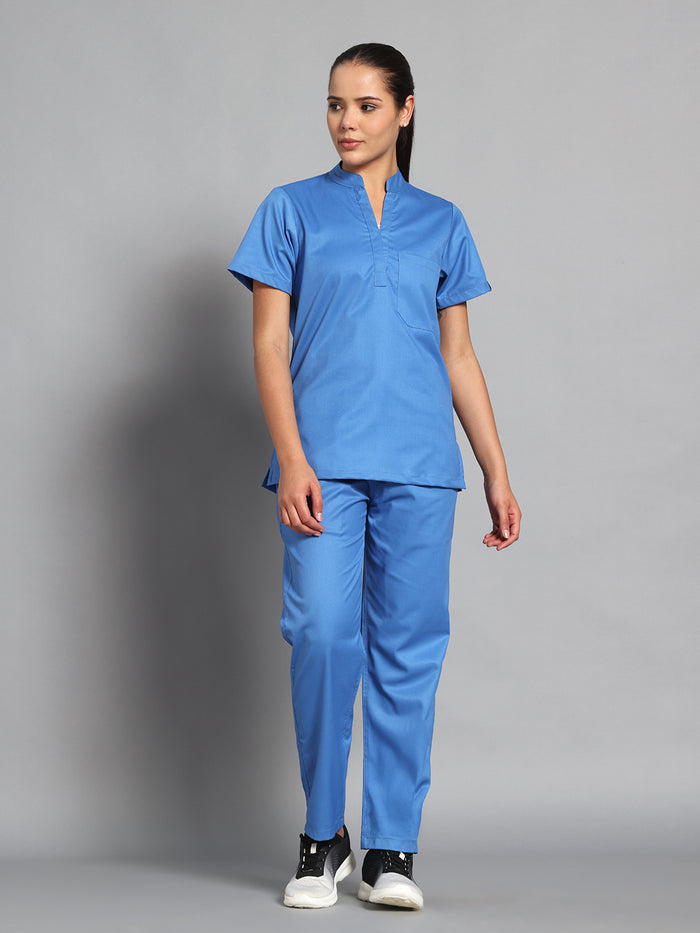 Stretchable (2Way) Women Light Blue Mandarin Neck With Straight Pant Scrub Set