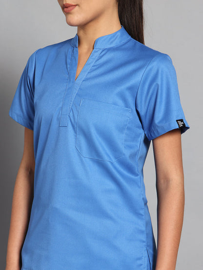 Stretchable (2Way) Women Light Blue Mandarin Neck With Straight Pant Scrub Set