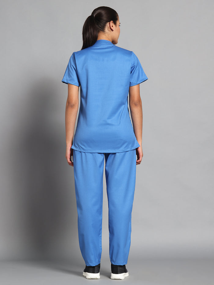 Stretchable (2Way) Women Light Blue Mandarin Neck With Straight Pant Scrub Set