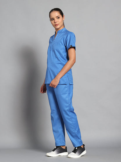 Stretchable (2Way) Women Light Blue Mandarin Neck With Straight Pant Scrub Set