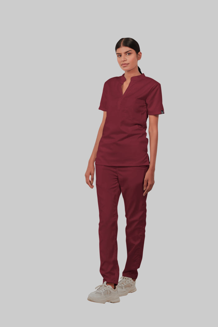 Stretchable (2Way) Women Maroon Mandarin Neck With Straight Pant Scrub Set
