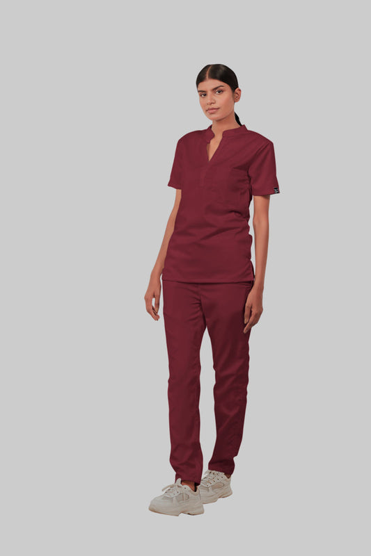 Stretchable (2Way) Women Maroon Mandarin Neck With Straight Pant Scrub Set