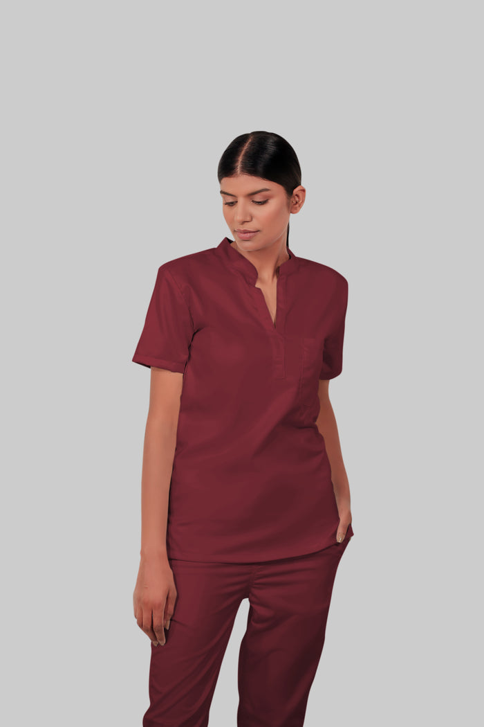 Stretchable (2Way) Women Maroon Mandarin Neck With Straight Pant Scrub Set