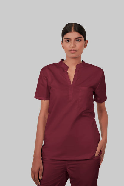 Stretchable (2Way) Women Maroon Mandarin Neck With Straight Pant Scrub Set