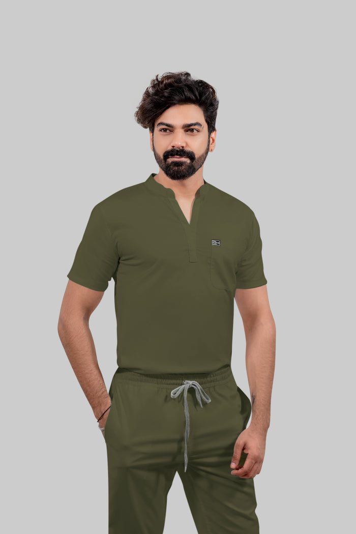 Stretchable (4Way) Men Olive Green Mandarin Neck with Straight Pant Scrub Set