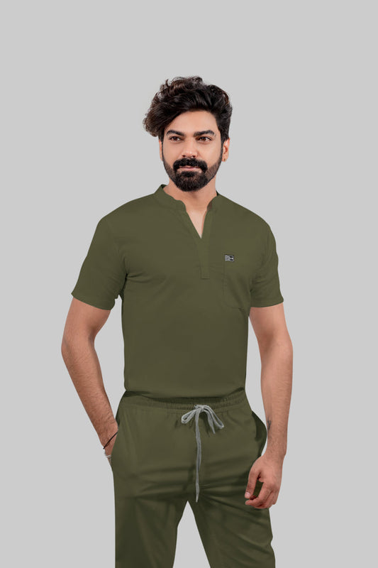 Stretchable (4Way) Men Olive Green Mandarin Neck with Straight Pant Scrub Set