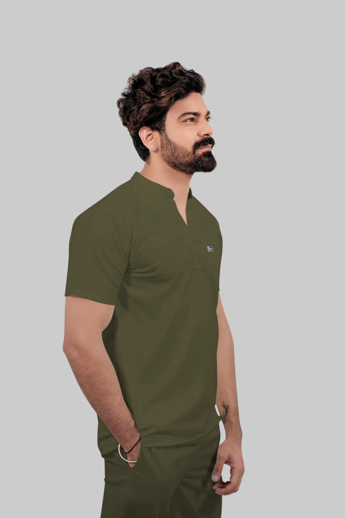 Stretchable (4Way) Men Olive Green Mandarin Neck with Straight Pant Scrub Set
