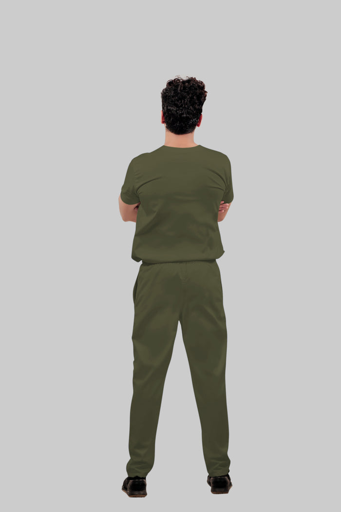 Stretchable (4Way) Men Olive Green Mandarin Neck with Straight Pant Scrub Set