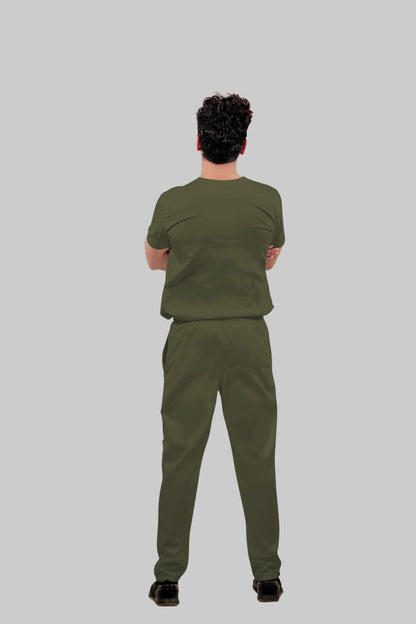 Stretchable (4Way) Men Olive Green Mandarin Neck with Straight Pant Scrub Set