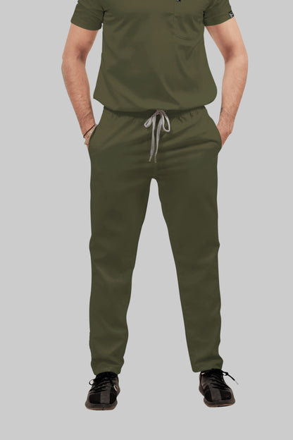Stretchable (4Way) Men Olive Green Mandarin Neck with Straight Pant Scrub Set