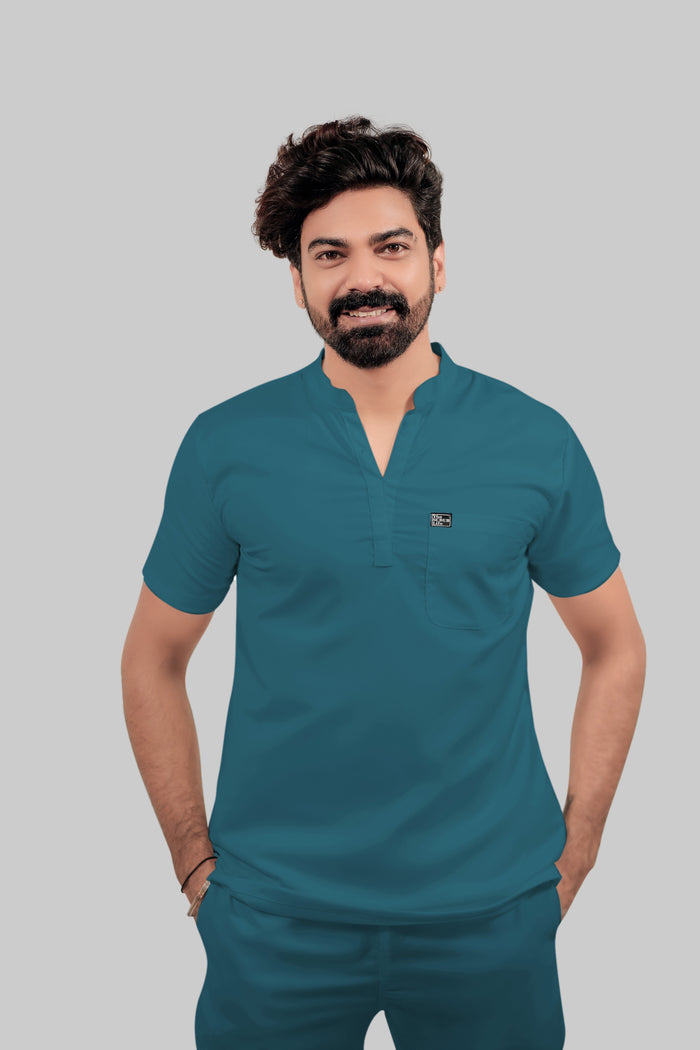 Stretchable (4Way) Men Peacock Blue Mandarin Neck with Straight Pant Scrub Set