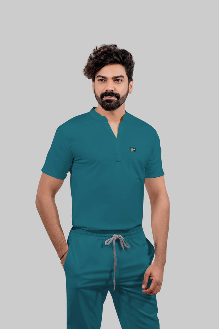 Stretchable (4Way) Men Peacock Blue Mandarin Neck with Straight Pant Scrub Set