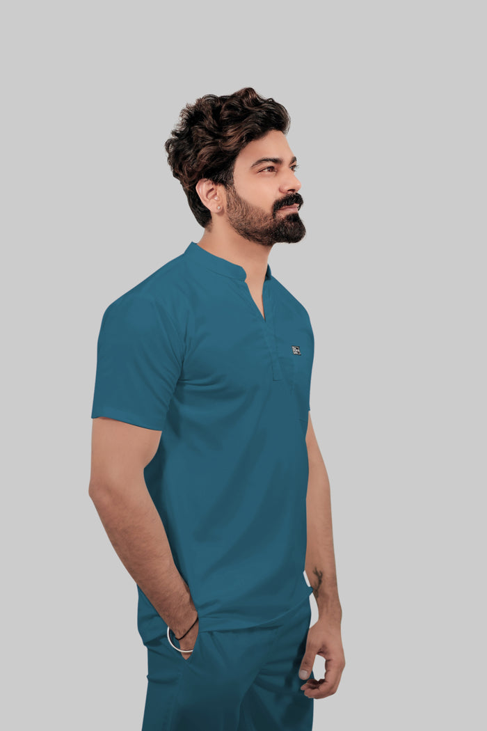 Stretchable (4Way) Men Peacock Blue Mandarin Neck with Straight Pant Scrub Set