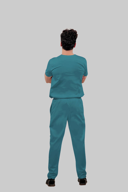 Stretchable (4Way) Men Peacock Blue Mandarin Neck with Straight Pant Scrub Set
