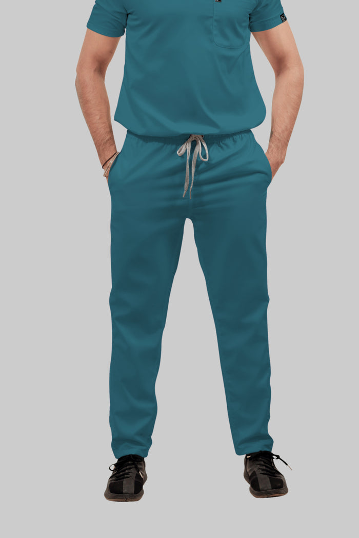Stretchable (4Way) Men Peacock Blue Mandarin Neck with Straight Pant Scrub Set