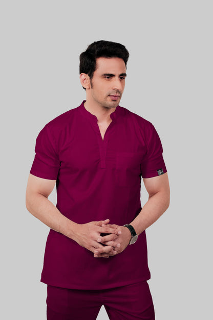 Stretchable (4Way) Men Wine Mandarin Neck With Straight Pant Scrub Set