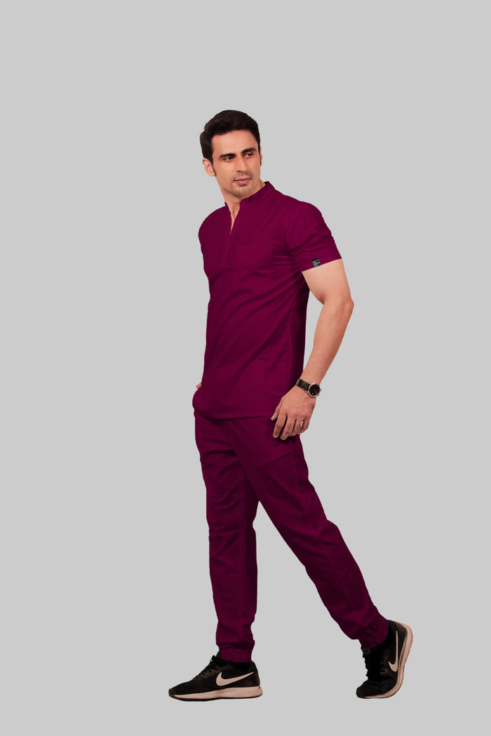 Stretchable (4Way) Men Wine Mandarin Neck With Straight Pant Scrub Set