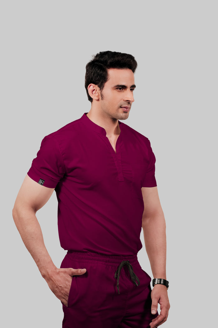 Stretchable (4Way) Men Wine Mandarin Neck With Straight Pant Scrub Set