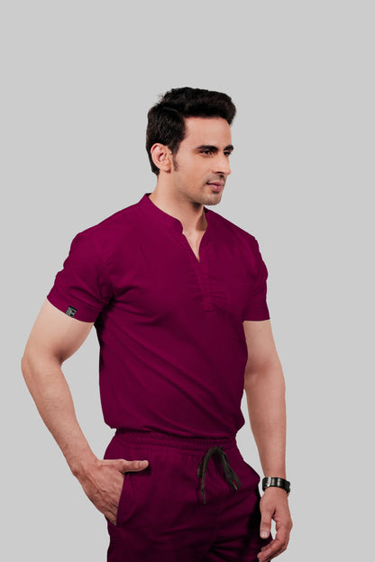 Stretchable (4Way) Men Wine Mandarin Neck With Straight Pant Scrub Set