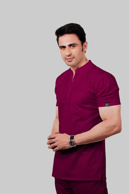 Stretchable (4Way) Men Wine Mandarin Neck With Straight Pant Scrub Set