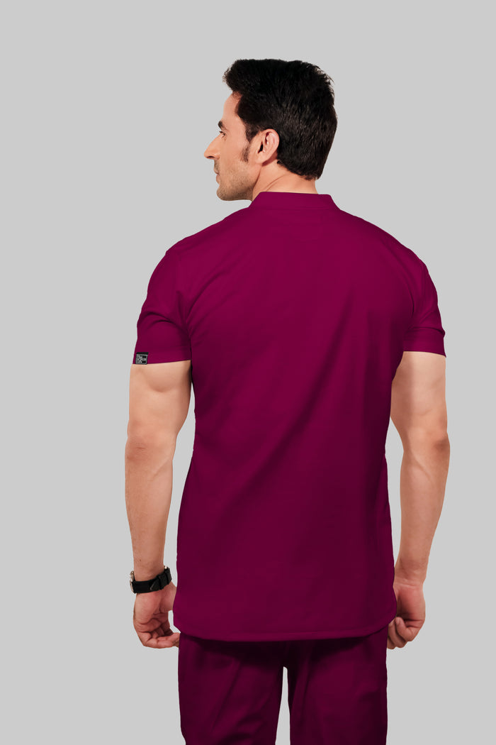 Stretchable (4Way) Men Wine Mandarin Neck With Straight Pant Scrub Set