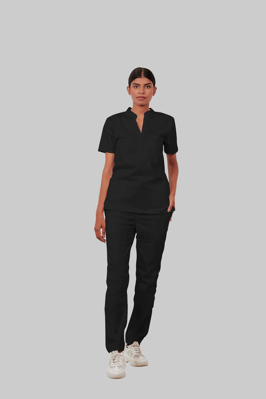 Stretchable (4Way) Women Black Mandarin Neck With Straight Pant Set