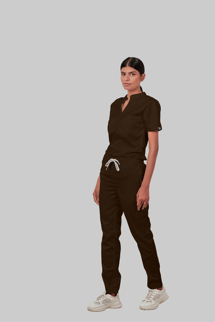 Stretchable (4Way) Women Brown Mandarin Neck With Straight Pant Scrub Set