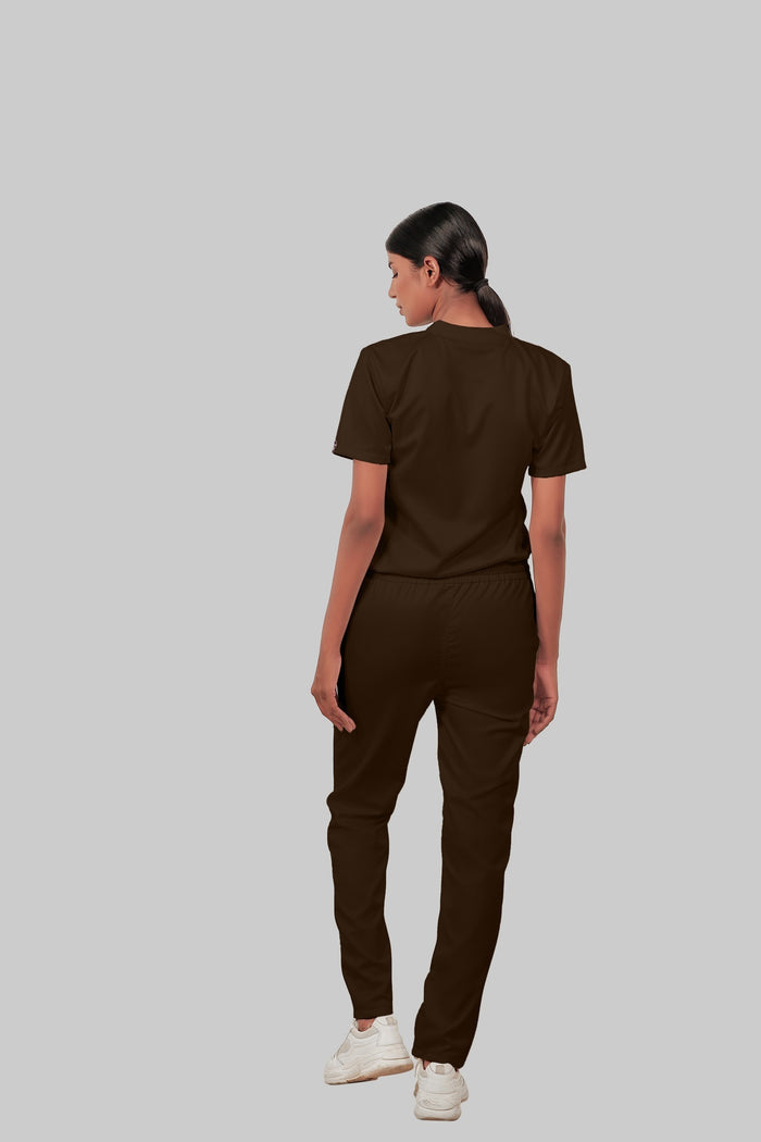 Stretchable (4Way) Women Brown Mandarin Neck With Straight Pant Scrub Set