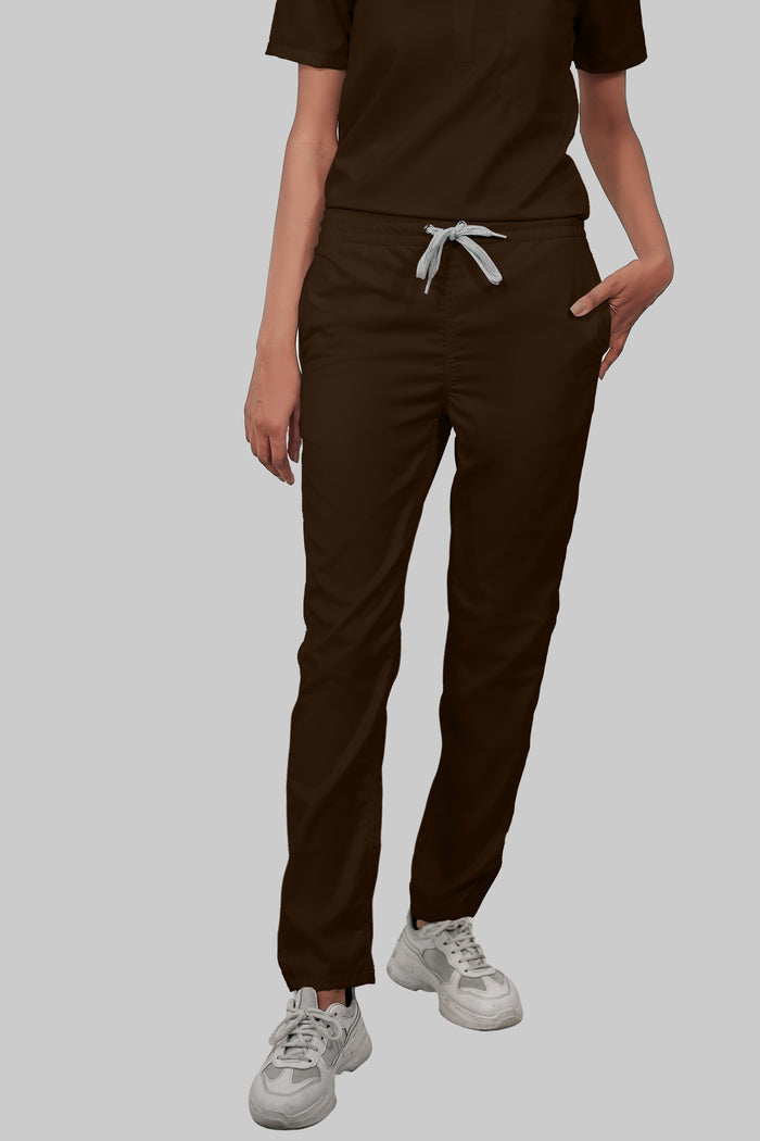 Stretchable (4Way) Women Brown Mandarin Neck With Straight Pant Scrub Set