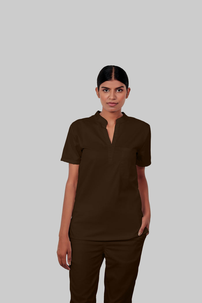 Stretchable (4Way) Women Brown Mandarin Neck With Straight Pant Scrub Set