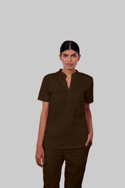 Stretchable (4Way) Women Brown Mandarin Neck With Straight Pant Scrub Set