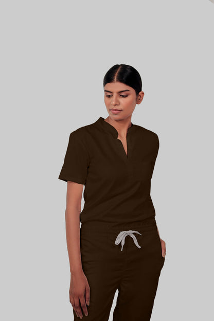 Stretchable (4Way) Women Brown Mandarin Neck With Straight Pant Scrub Set